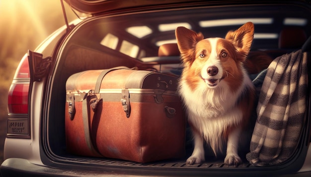 Cão bonito e feliz senta-se no porta-malas de um carro sob os raios do sol por Generative AI