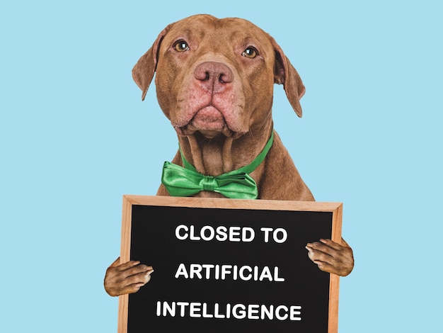 Cão bonito e inscrição sobre inteligência artificial