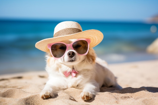 Cão bonito e relaxado com chapéu de verão, óculos de sol, banho de sol na praia, IA generativa.