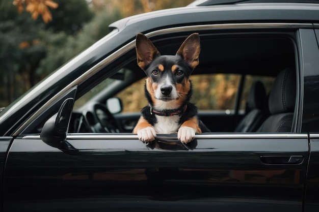 Cão bonito em carro preto vista de fora