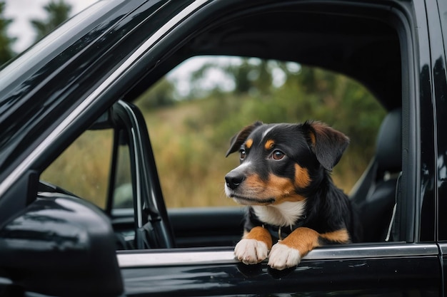 Cão bonito em carro preto vista de fora