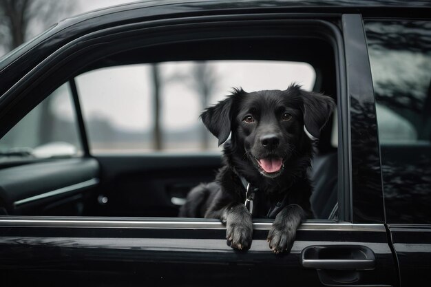 Cão bonito em carro preto vista de fora