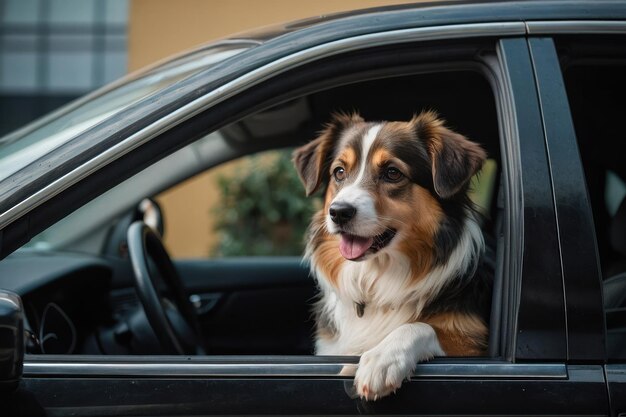 Cão bonito em carro preto vista de fora