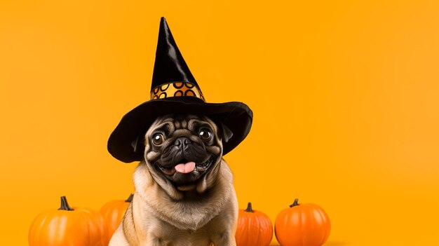 Cão bonito em chapéu de bruxa de Halloween em fundo laranja foto de alta qualidade