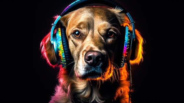 Cão bonito em fones de ouvido Cão menos música IA geradora