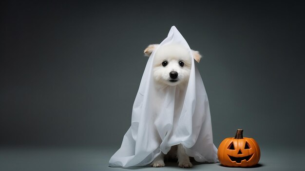 Foto cão bonito embrulhado em um lençol vestindo um traje de fantasma em um fundo minimalista conceito de halloween