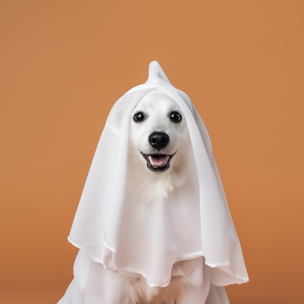 Cão bonito embrulhado em um lençol vestindo um traje de fantasma em um fundo minimalista conceito de Halloween