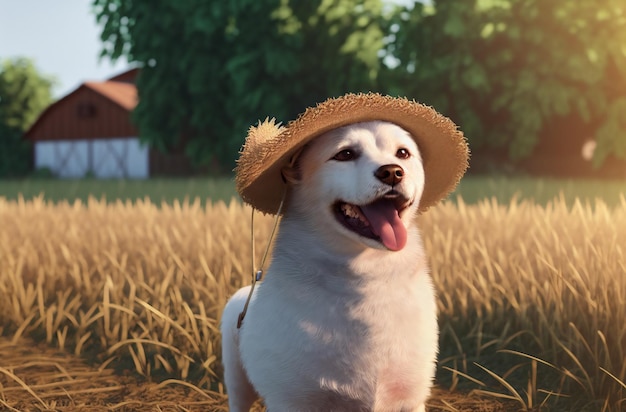 Cão bonito fazendeiro em um chapéu de palha em uma fazenda em um dia ensolarado de verão