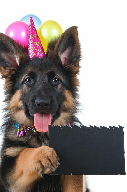 Cão bonito feliz em chapéu de festa comemorando festa de aniversário cercado por confeti caindo