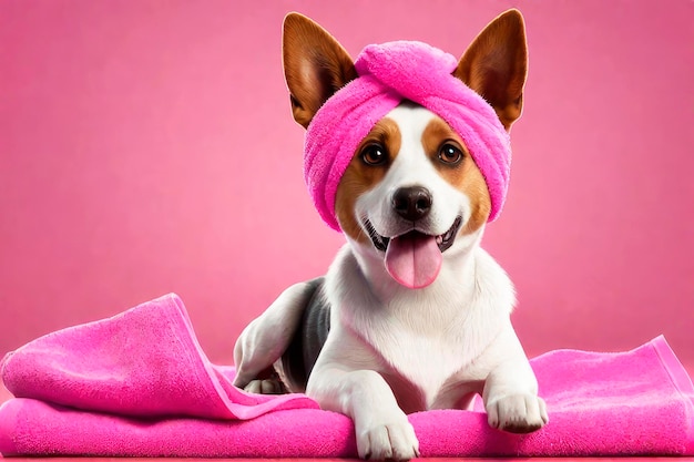 Cão bonito feliz está relaxando em um salão de beleza com uma toalha em sua cabeça dia de spa no estilo barbie pink