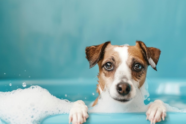 Cão bonito feliz no banho com espuma e bolhas de fundo azul