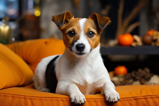 Cão bonito Jack Russell encontra-se no sofá laranja