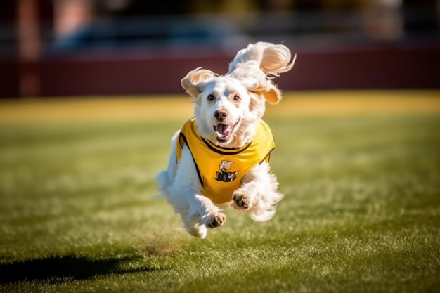 Cão bonito jogador de beisebol vestindo uniforme amarelo