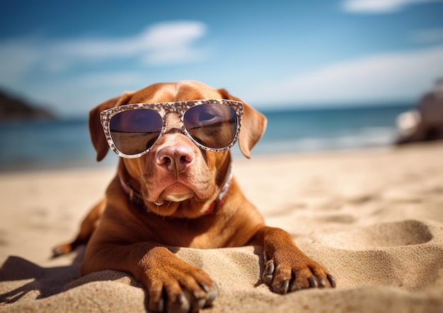 Cão bonito na areia da praia IA generativa