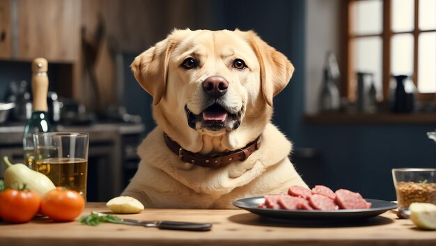 Cão bonito na mesa na cozinha adorável