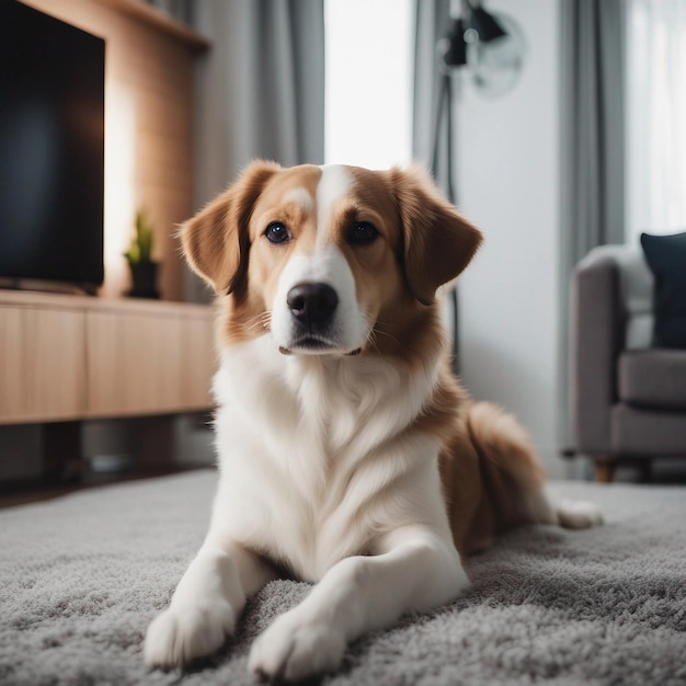 Cão bonito num quarto bem decorado.