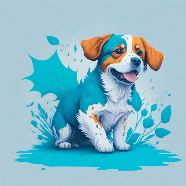 Cão bonito pintando respingos de folha azul claro