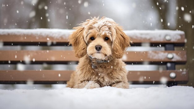 Cão bonito sentado em um banco em um parque coberto de neve