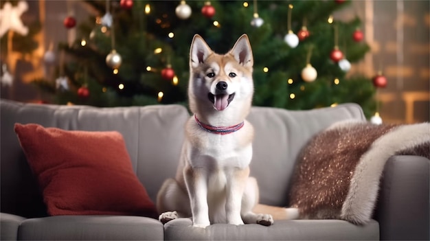 Cão bonito sentado em uma poltrona perto da árvore de Natal Ilustração vetorial