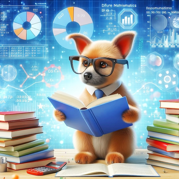 Cão bonito sorrindo com óculos de sol lendo livros e resolvendo análise de dados matemáticos no conceito de futuro