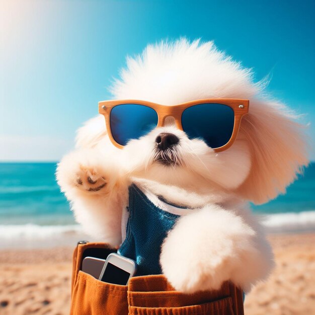 cão bonito tirando selfies em uma praia ensolarada com óculos de sol