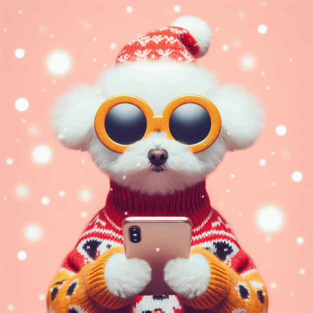 Cão bonito usando telefone celular e fundo de neve caindo conceito de Natal de inverno e ano novo