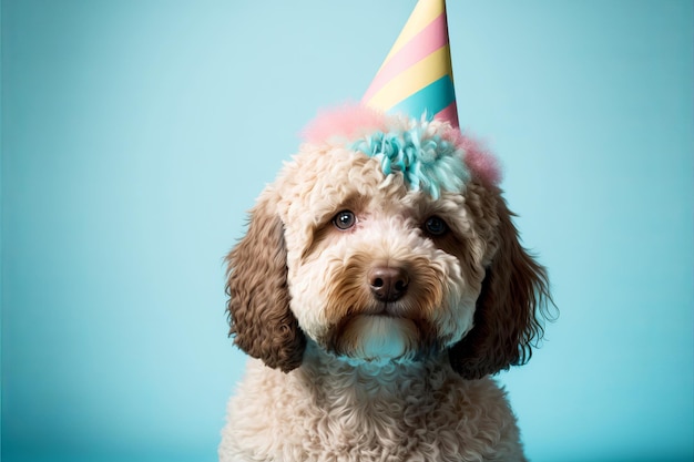 Cão bonito usando um chapéu de festa de celebração generativo ai