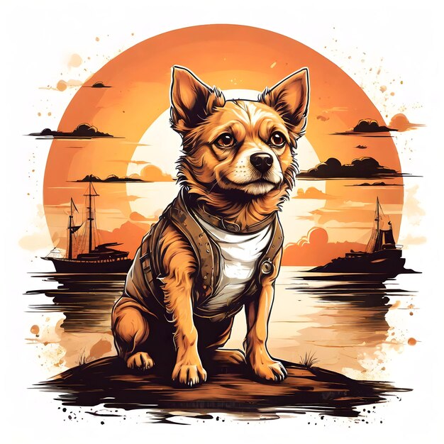 Foto cão bonito vintage retro steampunk estilo de desenho animado pôr-do-sol desenho angustiado impressão de design de camiseta vetorial