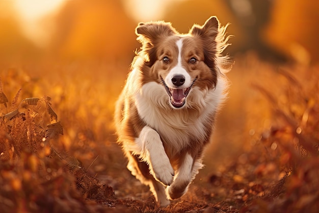 Cão border collie correndo no campo de outono Lindo cachorro border collie vermelho ao ar livre Cão border collie correndo no campo de outono Animais de estimação gerados por IA