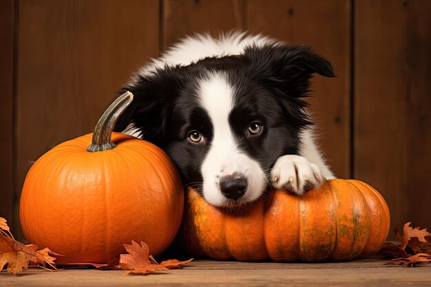 Cão border collie descansando a cabeça na abóbora