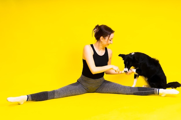 Foto cão border collie e mulher de fitness esportiva na frente de fundo amarelo-vermelho