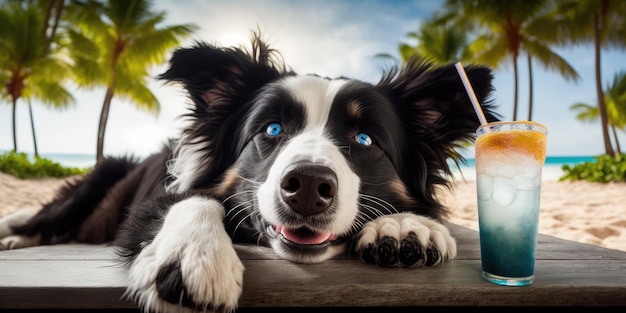 Cão Border Collie está de férias de verão no resort à beira-mar e descanso relaxante na praia de verão do Havaí