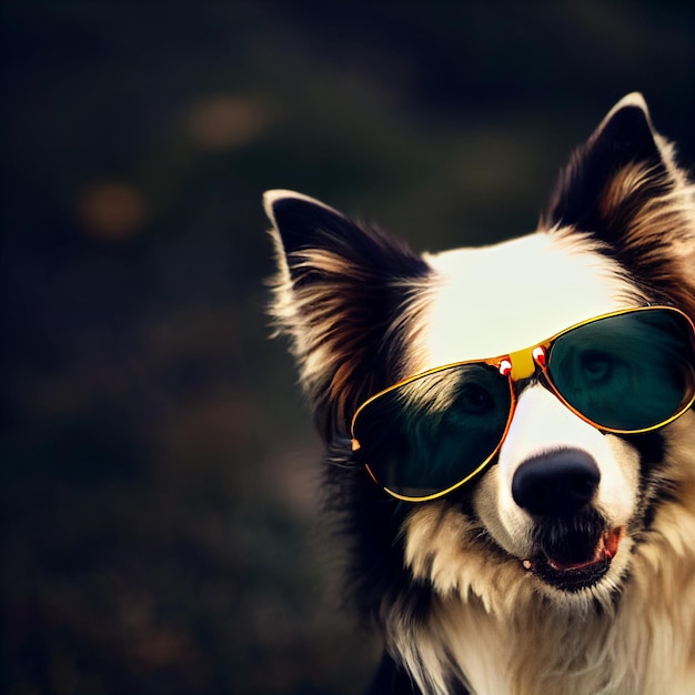 Cão border collie posando com óculos de sol retrato 3d renderização