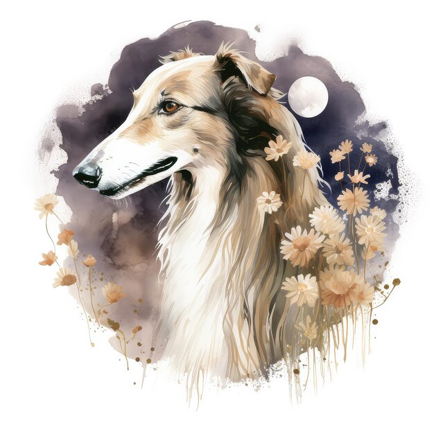 Cão Borzoi com flor na noite Aquarela