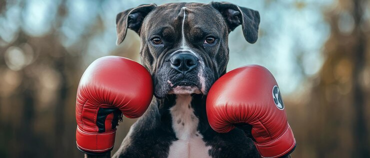 Foto cão boxeador confiante com luvas vermelhas pronto para a ação