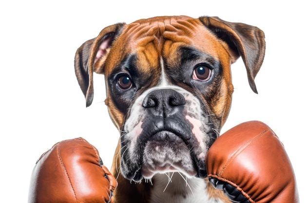 Foto cão boxer em fundo branco em luvas de boxe ia generativa