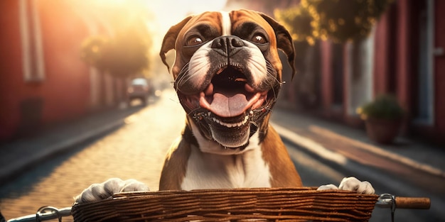 Cão boxer se diverte andando de bicicleta na manhã do sol no verão na rua da cidade