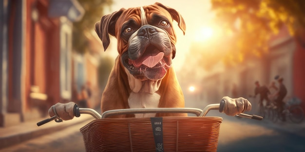 Cão boxer se diverte andando de bicicleta na manhã do sol no verão na rua da cidade