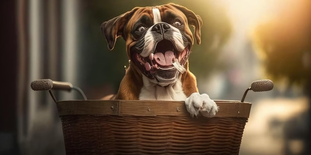 Cão boxer se diverte andando de bicicleta na manhã do sol no verão na rua da cidade