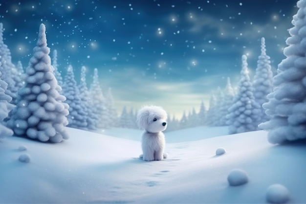 Cão branco bonito e fofinho em fundo de inverno coberto de neve