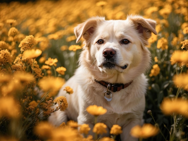 Cão branco bonito no campo de flores