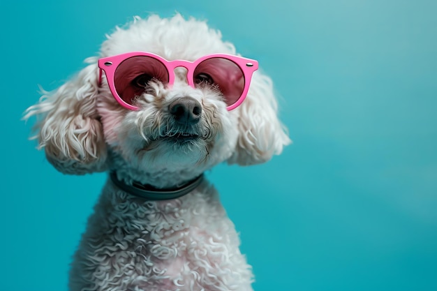 Cão branco com óculos rosados em fundo azul