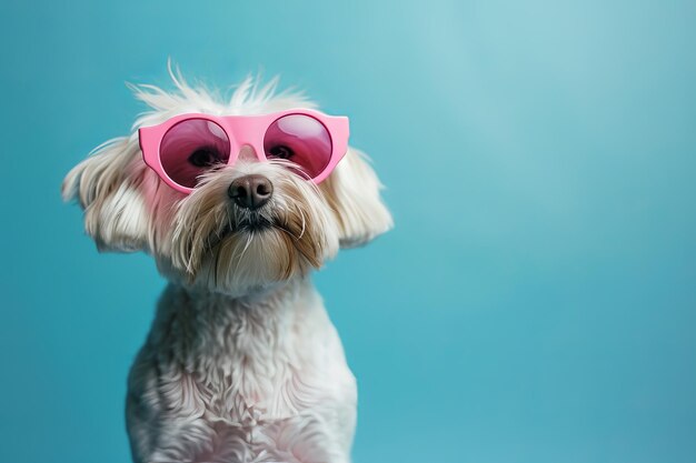 Foto cão branco com óculos rosados em fundo azul