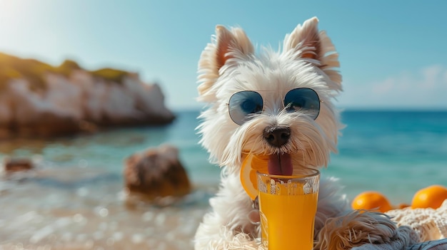 Cão branco de West Highland bebendo bebidas no resort à beira-mar durante as férias de verão com espaço de texto e o céu como pano de fundo AI gerativa