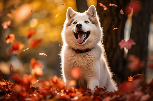 Cão branco e castanho sentado em uma pilha de folhas IA generativa