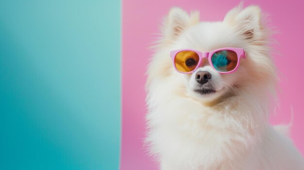 Cão branco engraçado e fofinho vestido ao estilo de um dançarino de discoteca