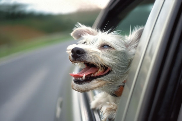 Cão branco feliz a desfrutar da brisa com a cabeça fora da janela do carro