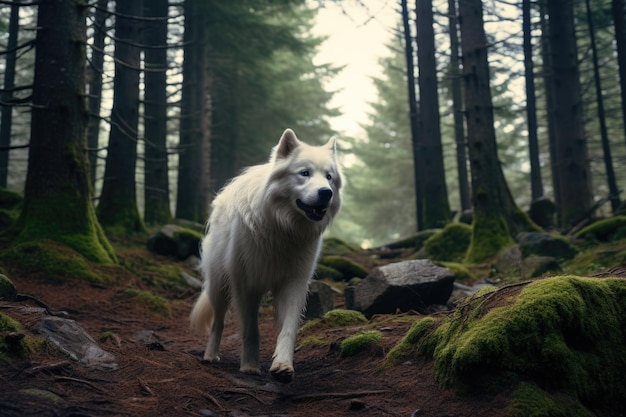 Cão branco na floresta nebulosa