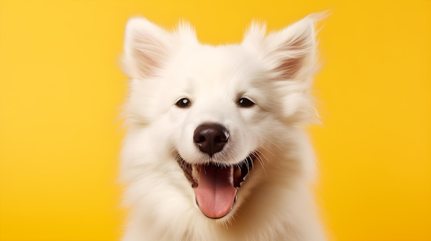 cão branco sorrindo em fundo amarelo