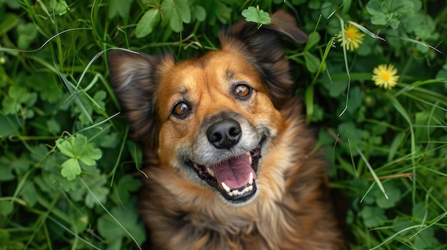 Cão brincando fora da grama verde sorri